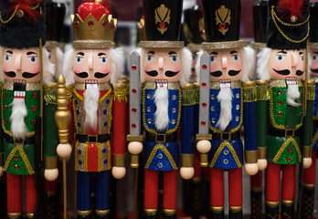 Close up on little Christmas toy soldier ornaments in a store