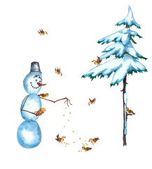 Funny lanky smiling snowman in cartoon style in pail hat on the head feeding sparrows under a snow-covered fir tree. Watercolor hand painted elements on white background.
