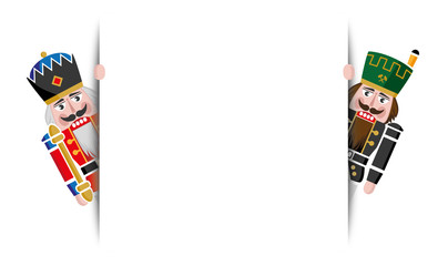 Two traditional German Christmas nutcrackers look behind white billboard isolated over white color background - Vector illustradion