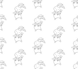 Seamless pattern with cute rabbit in vector. artoon little bunny boy. Vintage hand drawn. Kawaii funny animal. Happy character. Children s holiday background. Black and white art line.