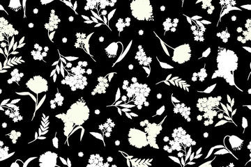 Obraz premium Trendy bright Floral pattern in the many kind of flowers. Botanical Motifs scattered random. Seamless vector texture. For fashions. Blue silhouettes of a shadow of plants.