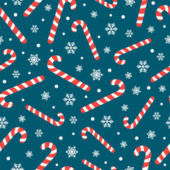 seamless pattern with christmas candy cane caramel and snowflakes, endless background, repeating texture