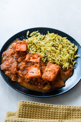 Indian Food Paneer Butter Tikka Masala / Cheese Cottage Curry and Jeera Zira Rice Basmati Pilaf or Pilav.