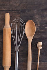 baking tools: spoon, rolling pin, whisk