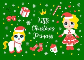 Cute little winter princess and her pet pony collection. Set of vector elements with a cold queen and her accessories, castle and snow. vector illustration