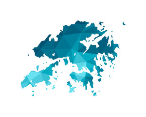 Vector isolated illustration icon with simplified blue silhouette of Hong Kong (Special Administrative Region  of China) map. Polygonal geometric style, triangular shapes. White background