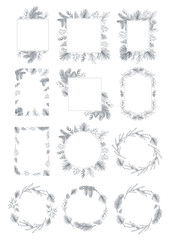 Hand drawn set with frame, wreath, cones and branches. Vector illustrations