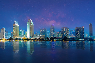 San Diego Skyline at Night , San Diego, California, USA   - obrazy, fototapety, plakaty