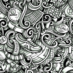 Football vector hand drawn doodles seamless pattern. Graphics background design.