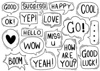 hand drawn background Set of cute speech bubble eith text in doodle style