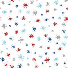Doodle stars vector pattern in winter, Christmas colors. Hand drawn snowflakes seamless background.