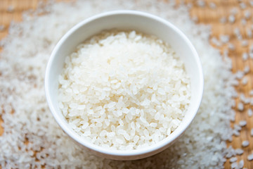 Beautiful japanese rice on japanese mat,round rice grain