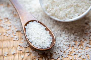 Beautiful japanese rice on japanese mat,round rice grain