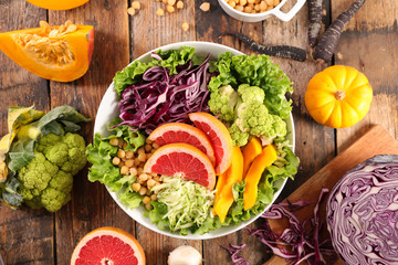mixed vegetable salad with chickpea, cabbage, pumpkin and grapefruit
