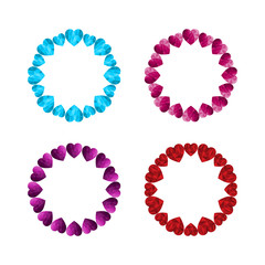 Elegant Valentine's day frames with polygonal pink, cyan, red, violet jeweler hearts. Set of stylish isolated borders for card, poster, banner, invitation. Vector illustration