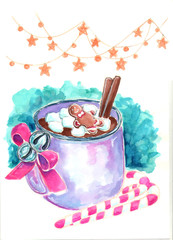 Lilac mug with cocoa, marshmallows, gingerbread man and other Christmas sweets with a bow and bells on a handle. Watercolor illustration in gentle colors.