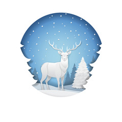 Paper art and digital craft style of deer in forest with snow in the winter season and Christmas day concept