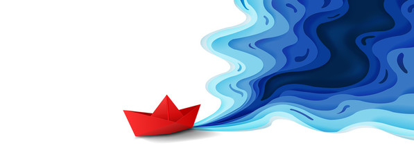 Origami red paper boat on blue water polygonal trendy craft style, Paper art design background