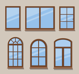 Wooden windows types icons set vector. Brown frames various types collection vector illustration