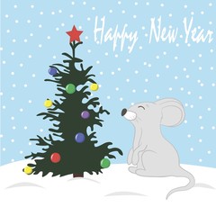  vector illustration greeting card, happy new year, mouse, 2020