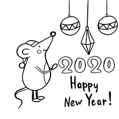  vector illustration greeting card, happy new year, mouse, 2020