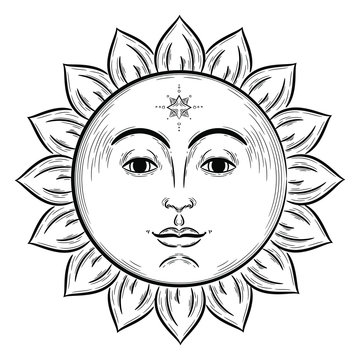 Vector hand drawn illustration of sun and moon symbols, sketch style. Boho flash tattoo design sun and crescent moon, moon rituals 