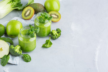 Green smoothie with vegetables for healthy, raw, vegan diet