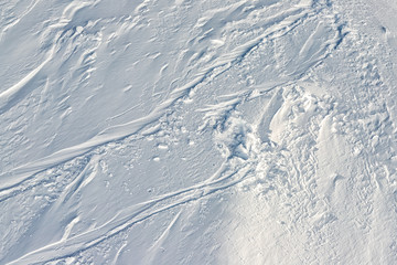 Snowy abstract off-piste skiing backround texture with ski and snowboard trails and tracks on new virgin powder snow. morning sunrise or evening sunset time at alpine mountain resort