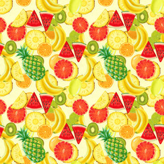 Hand drawn seamless pattern with bananas, coconuts, pineapples papaya and watermelon.