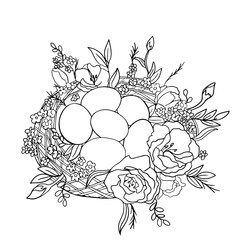 vector illustration coloring nest, black and white drawing on a white background, eggs with flowers in a wicker nest.