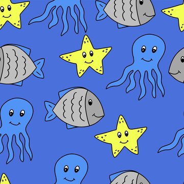  vector illustration marine pattern octopus, fish, star. on a blue background. cover, children's textiles