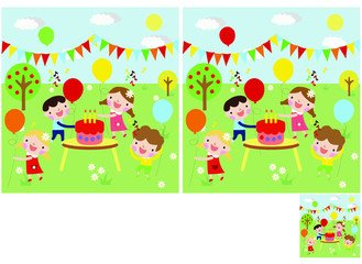 Logic puzzle game for children and adults. Need to find 10 differences. children celebrate birthday in nature