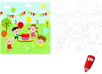 Coloring pages for children. Children's puzzles. Educational game for children. children celebrate birthday on nature, vector illustration