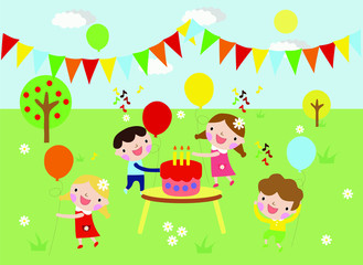 Obraz na płótnie Canvas children celebrate birthday on nature, vector illustration