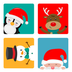 Christmas card. Santa Claus, penguin, reindeer and snowman 