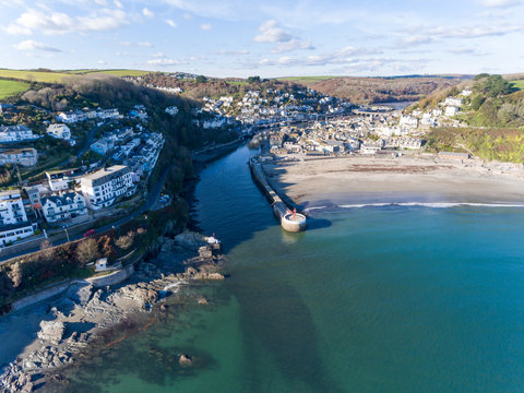 Aerial view of Looe harbour and beach