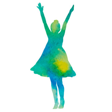 vector, on a white background, green watercolor silhouette girl dancing