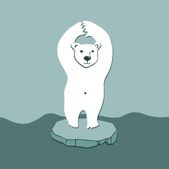 Polar Bear on small melting ice in empty ocean illustration vector graphic. Global warming crisis. Climate change problem concept