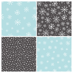 Vector seamless hand drawn snowflakes pattern set. Collection of simple winter backgrounds in doodle style.
