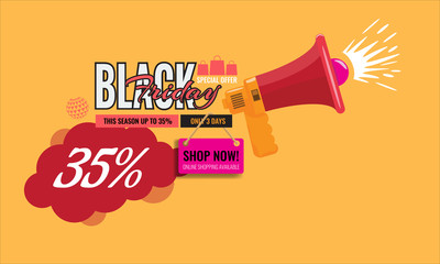 Super black friday sale concept design with vintage ribbon and megaphone and shopping bag. Vector illustration.