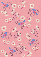abstract background with birds and flowers (white, pink, purple, nude), vector illustration
