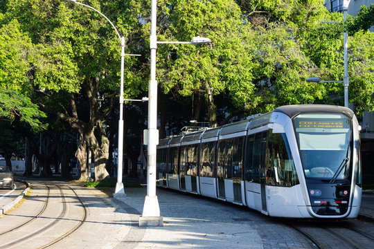 A light electric train in Rio de Janeiro downtown going to Santos Dumont airport, Brazil