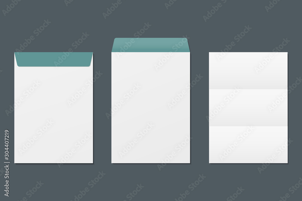 Poster realistic front and back envelope and blank paper. mockup template. vector template for business and