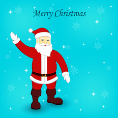 Christmas greeting card. Illustration of cute Santa Claus with shining stars and snowflakes.