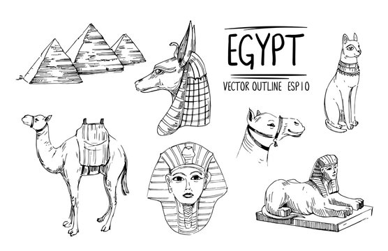 Objects of Egypt: camel, pyramids, sphinx, gods. Hand drawn sketch converted to vector. Isolaten on white background