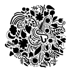 Obraz premium Calligraphic round illustration of planet Earth made of small nature, ecology related symbols to celebrate, support ecosystem. World Environment Day cause. Flowers, leaves, bird, heart shape in ink
