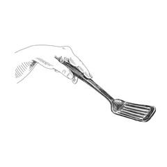 Hand holding spatula black ink sketch illustration