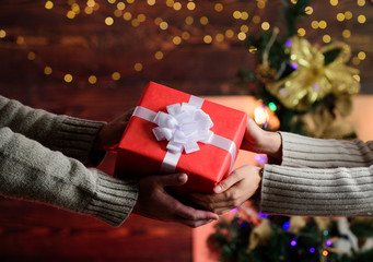 New Year is coming. present for xmas holiday. gift with love. man give woman box. family values....