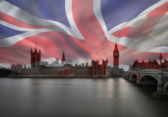 Composite image of Westminster Big Ben Union Jack Flag for Politics UK General Election 2019