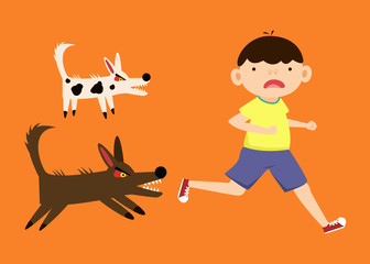 Rabies disease concept. children runing from angry dog. vector illustration
